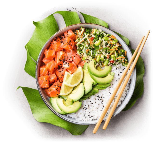 a poké bowl with white rice with black sesame seeds, slices of avocado and lemon, diced salmon, and a chopped mix of vegetables with steamed edamame.