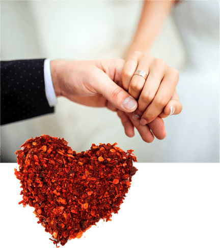 A photo shoing a bride and groom holding hands, overlayed with a stylized Valentine heart made from an assortment of ground spices.